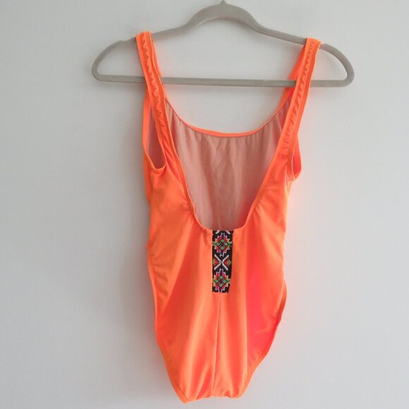 VINTAGE GOTCHA 90s Neon Orange Aztec Embroidered Open Back Swimsuit - Size S - Picture 3 of 15